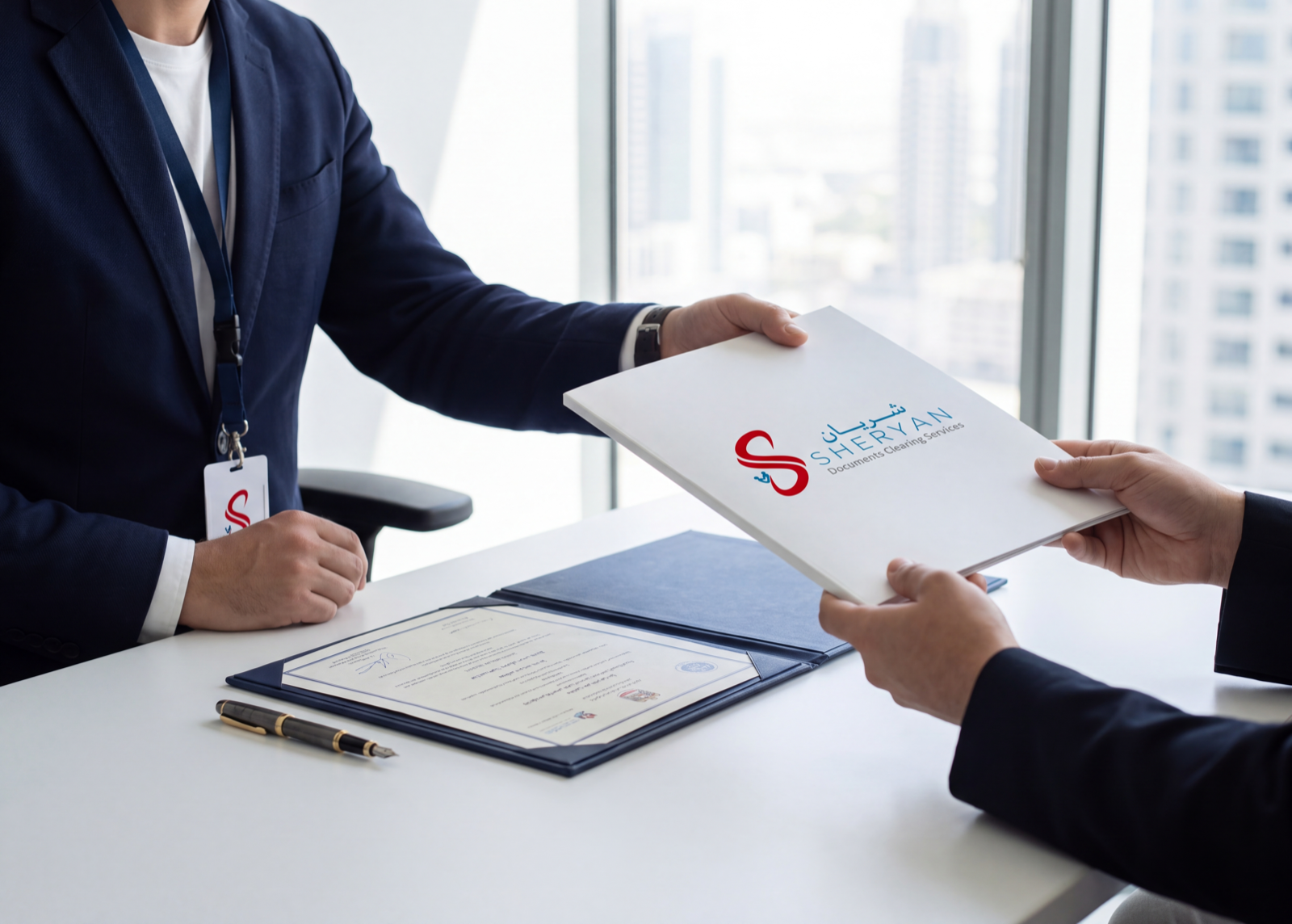 A SHERYAN consultant hands a client a folder across a desk in a bright office
